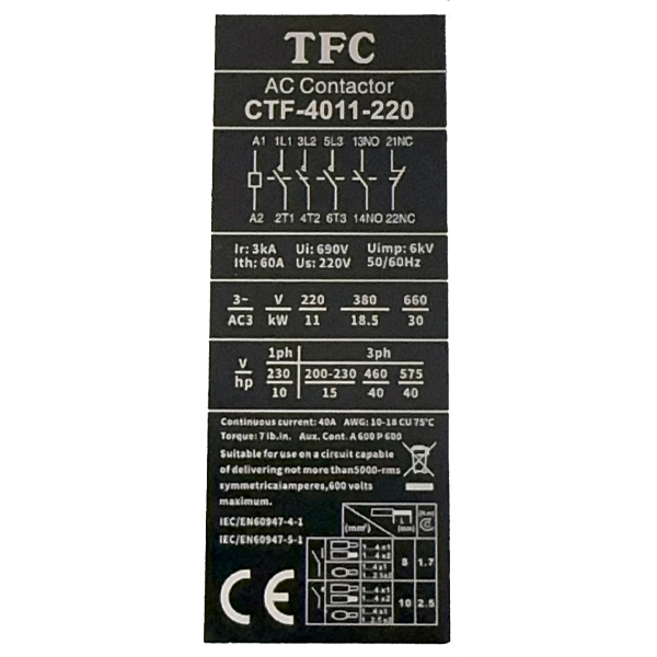 کنتاکتور 40 آمپر توس فیوز 18.5 کیلو وات مدل CTF1-4011 - تصویر 2